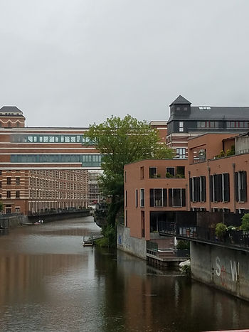 Once warehouses, now affordable housing in Leipzig over Eister Canal[ Richen