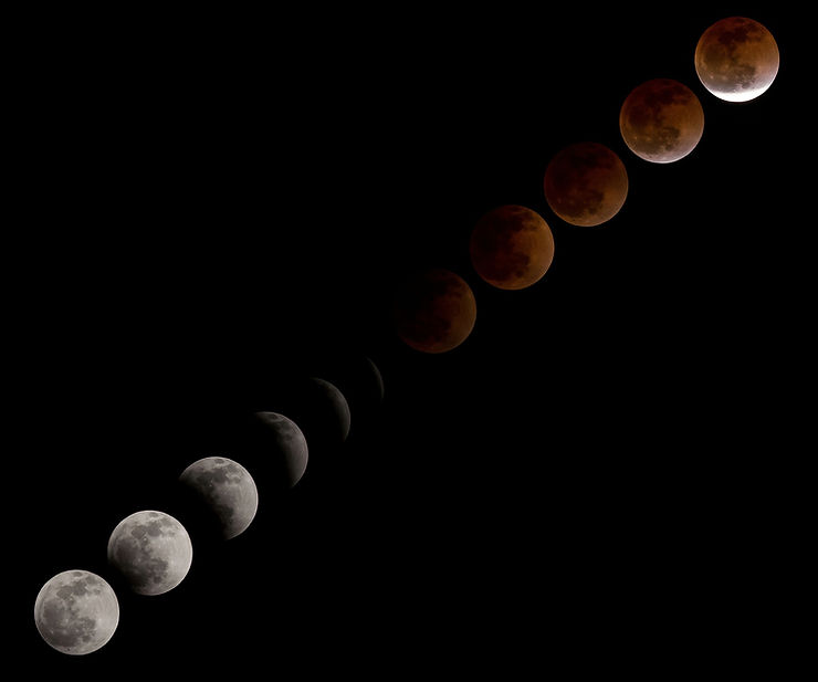 The phases of an eclipse of the moon, during which the dark of the moon is a brownish red color on a good cler night. 